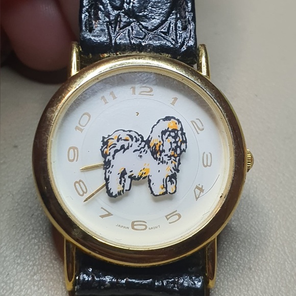 Wrap Accessories - Vtg Wrap Goldtone/White Leather Rotating Dog Women's Watch